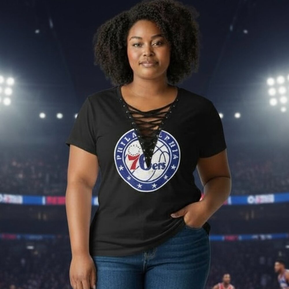 Express Philadelphia 76ers Lace-Up Black Tee Basketball Top Large